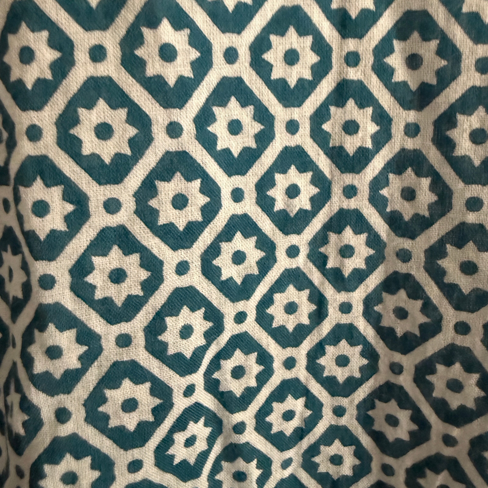 Pax Philomena | Teal Blue And White Cartouche Print Maxi Shirt Dress | Large — image 3 of 8